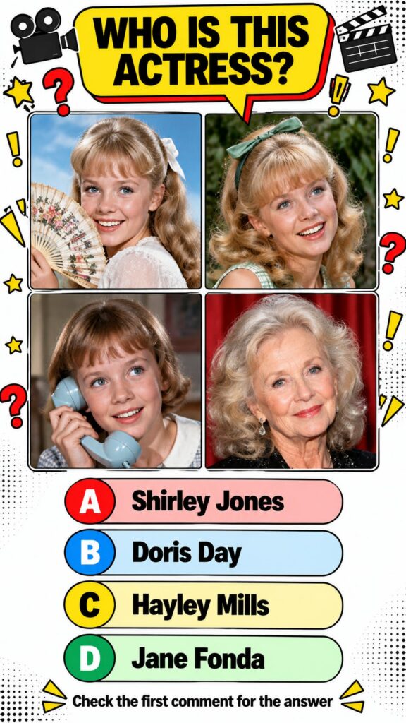 A quiz card showing four portraits of Hayley Mills at different ages with the question WHO IS THIS ACTRESS and four answ