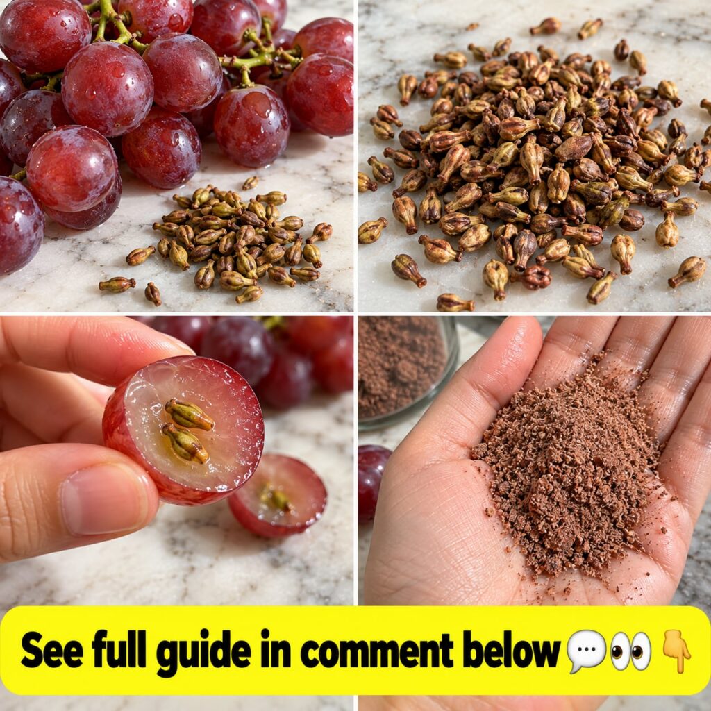 A four-panel grid showing the process of extracting and processing grape seeds into powder The panels include fresh red 