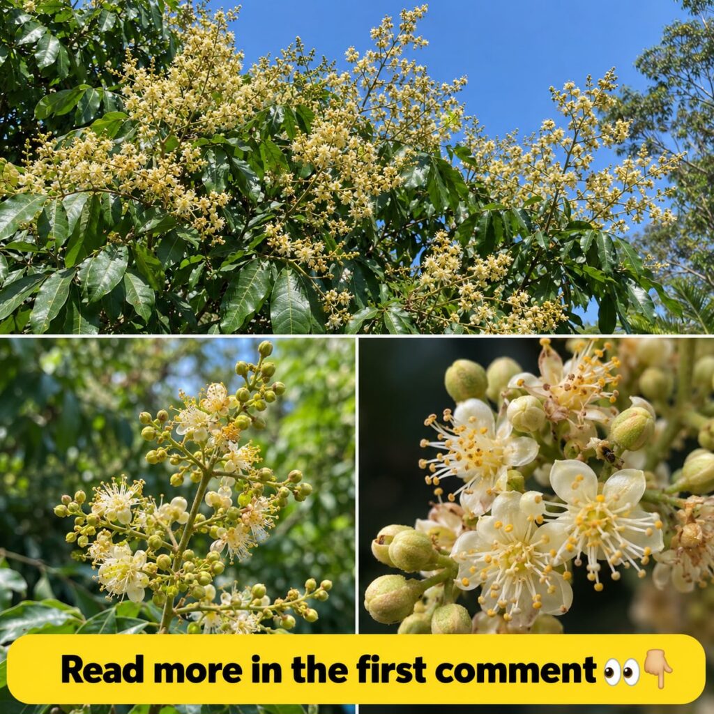 A longan tree in full bloom with delicate pale yellow-white flowers covering its canopy against a bright blue sky Closer