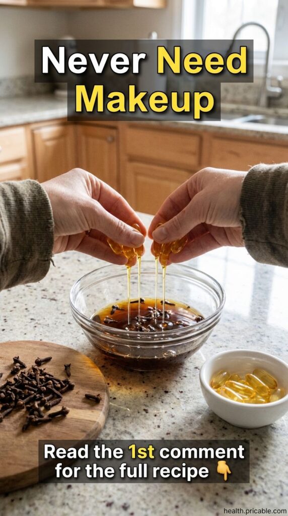Hands squeezing golden capsules into a bowl with cloves and brown liquid on a kitchen counter