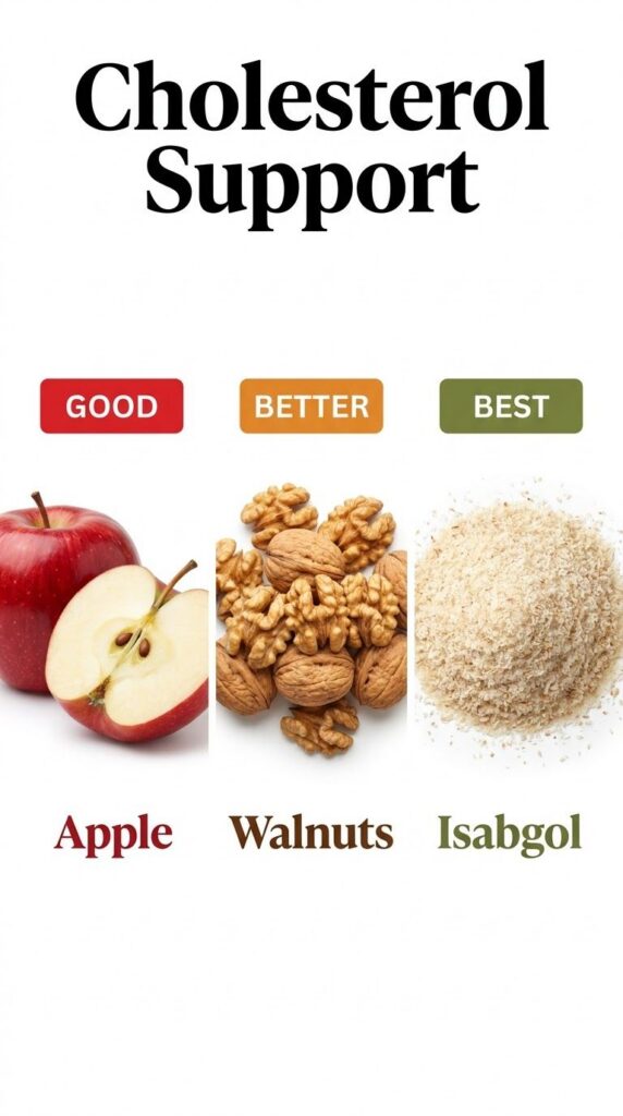 An infographic showing three columns GOOD with apples BETTER with walnuts and BEST with psyllium husk Isabgol all relate