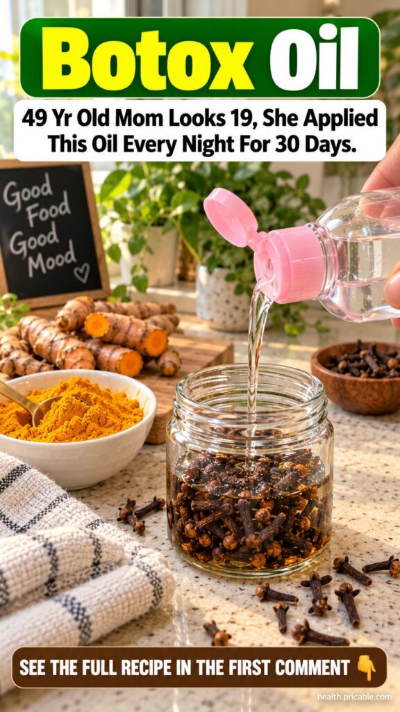 A hand pouring baby oil into a glass jar with dried cloves with turmeric powder and roots nearby on a kitchen counter