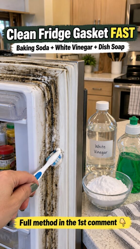 A close-up of a severely grimy refrigerator door gasket with a finger pointing to the dark mold and dirt embedded in the