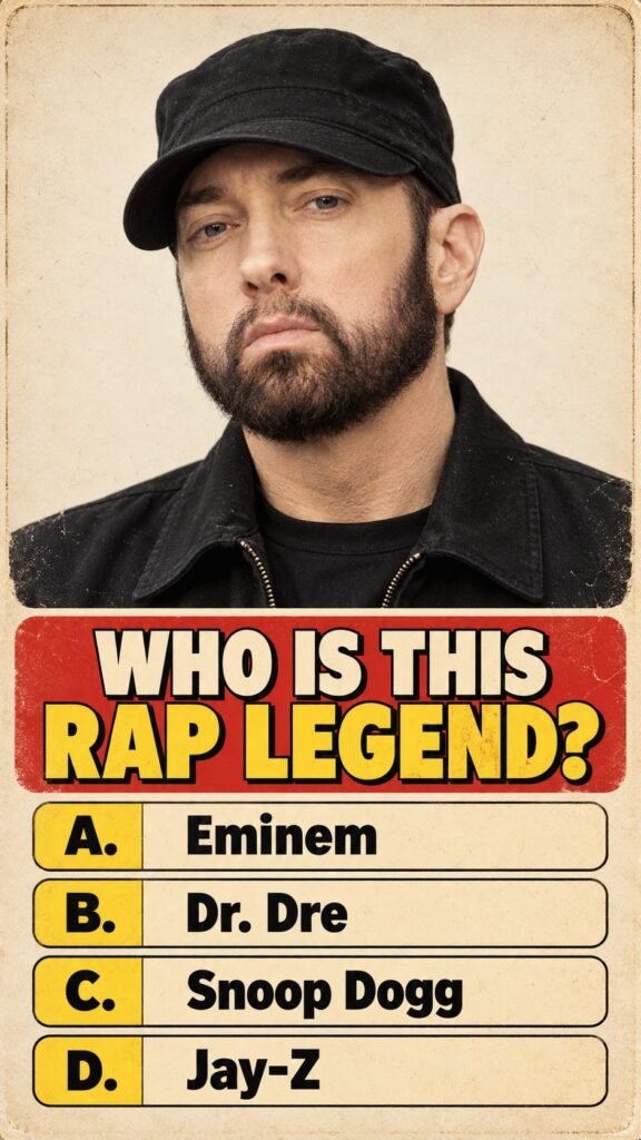 A close-up portrait of the rapper Eminem in his mid-40s to early 50s looking directly at the camera with a neutral expre