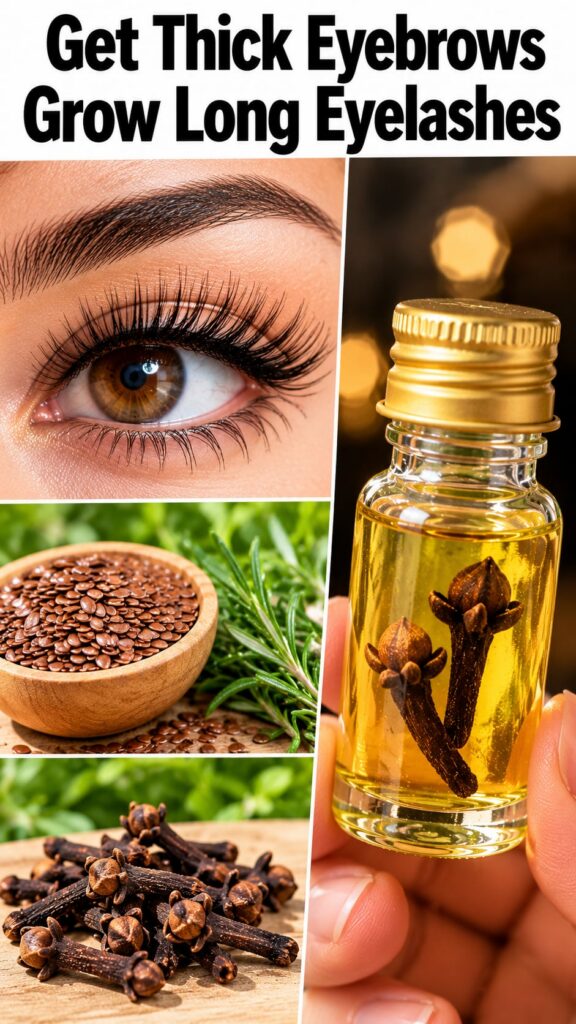 A beautiful close-up of an eye with long thick eyelashes alongside a small glass bottle of infused oil with cloves flaxs