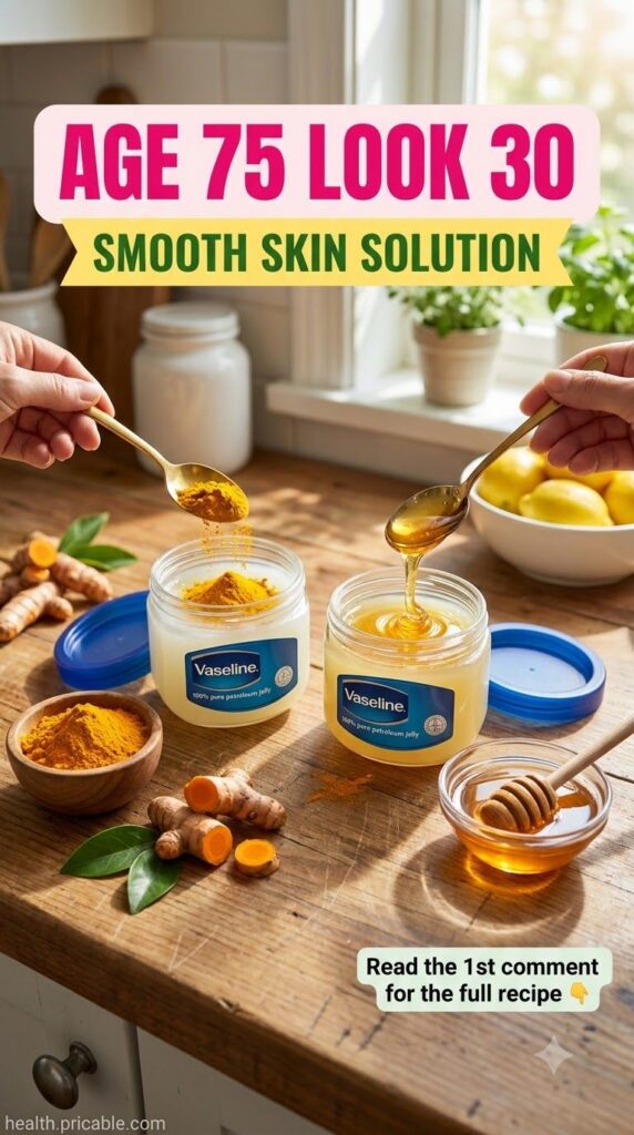 Hands mixing turmeric powder and honey into jars of petroleum jelly on a wooden countertop with fresh turmeric roots and