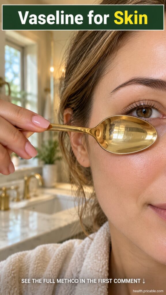 A hand holding a shiny golden spoon near an under-eye area with Vaseline in the background