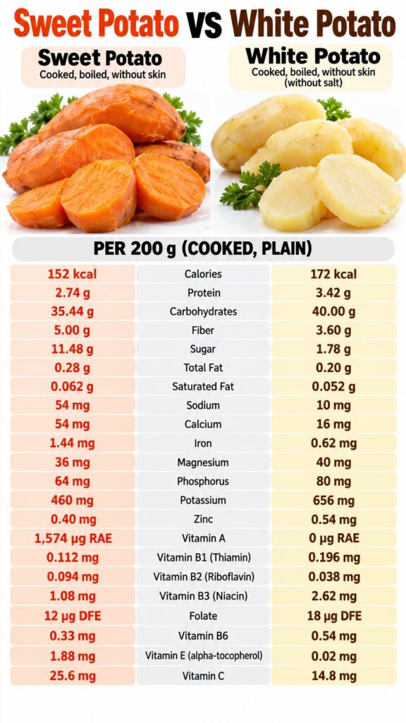 An infographic titled Sweet vs White Potato The Ultimate Nutrient Showdown comparing the nutritional values of sweet pot
