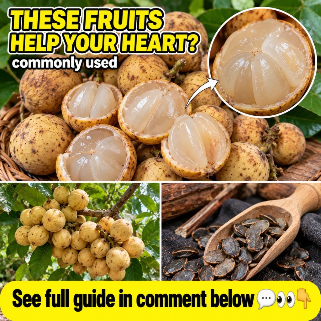 Whole and peeled langsat fruits in a woven basket with a close-up inset of the translucent segmented flesh of a peeled f