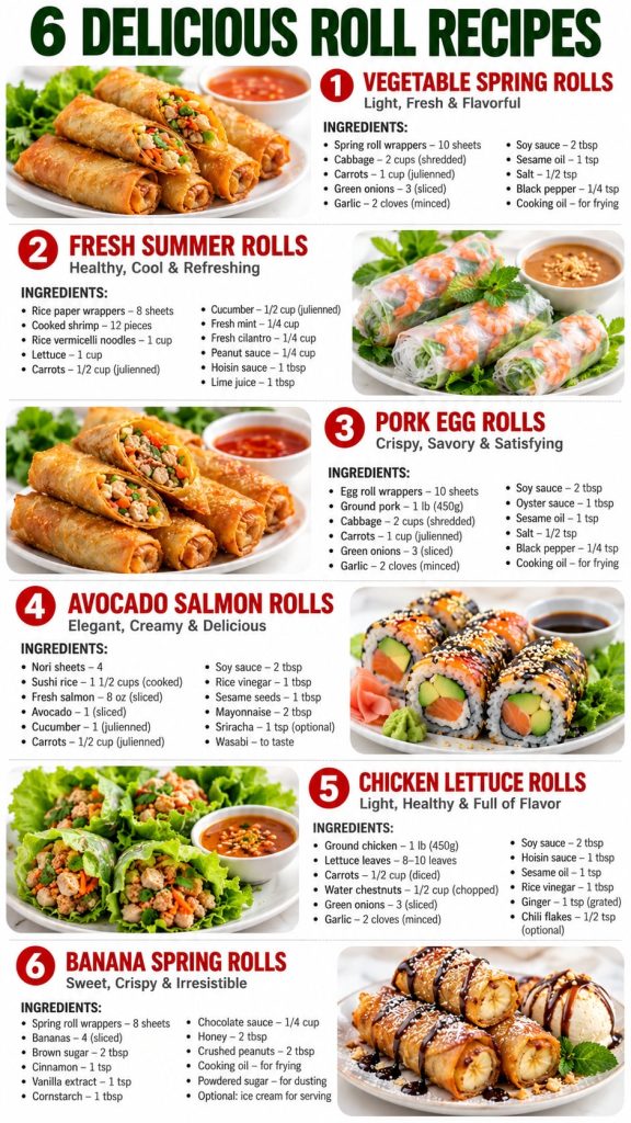 A vibrant collage of six different types of delicious and healthy rolls such as fresh spring rolls sushi lettuce wraps a