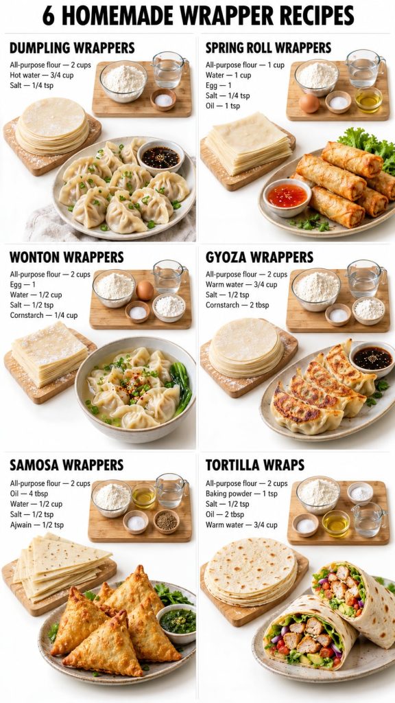 A flat lay image displaying six different types of homemade wrappers and their corresponding cooked dishes organized in 