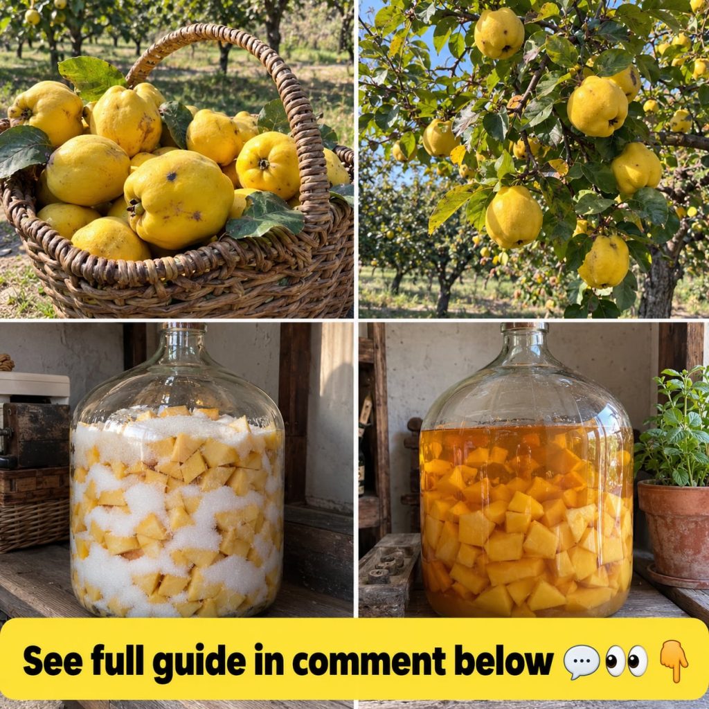 A four-panel collage depicting the journey of quinces from harvest to an early stage of processing showing a basket of q