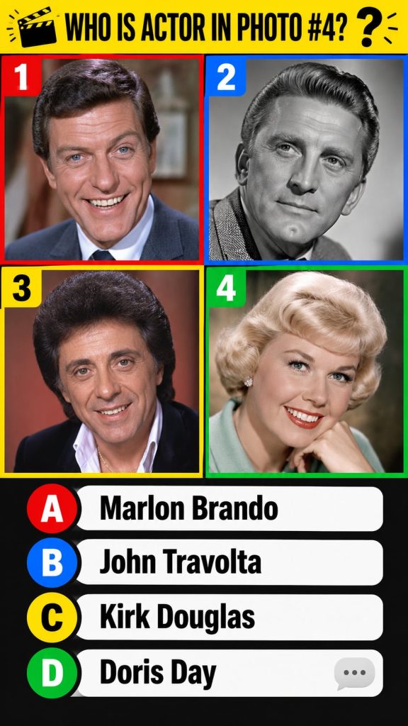 A social media quiz card featuring four celebrity portraits in a 2x2 grid with the question WHO IS ACTOR IN PHOTO 4 and 
