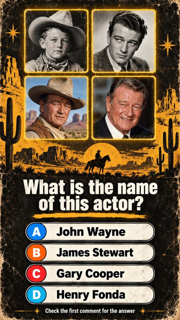 A quiz card showing four portraits of John Wayne at different ages with Western-themed background elements and the quest