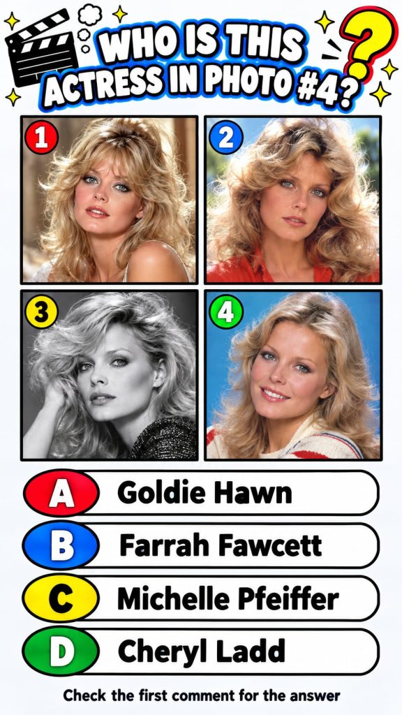 A vibrant social media quiz asking WHO IS THIS ACTRESS IN PHOTO 4 featuring a grid of four classic Hollywood actresses w
