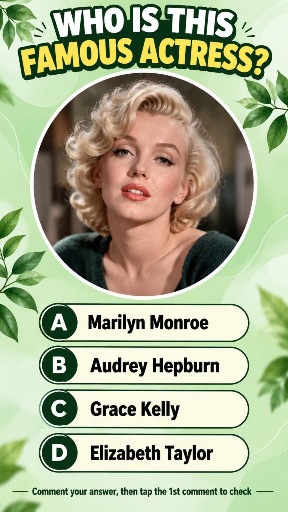 A quiz card featuring a portrait of a young Marilyn Monroe with wavy blonde hair and soft bangs against a light mint gre