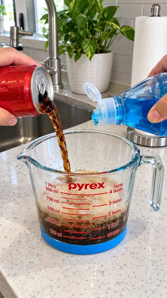 Hands pouring soda and dish soap into a measuring cup on a kitchen counter
