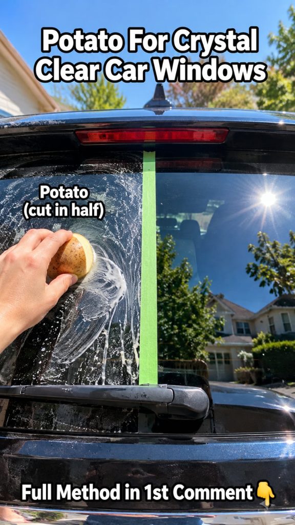 A hand rubbing a cut potato half onto a wet dirty car window with a clean reflective section of the window on the right 