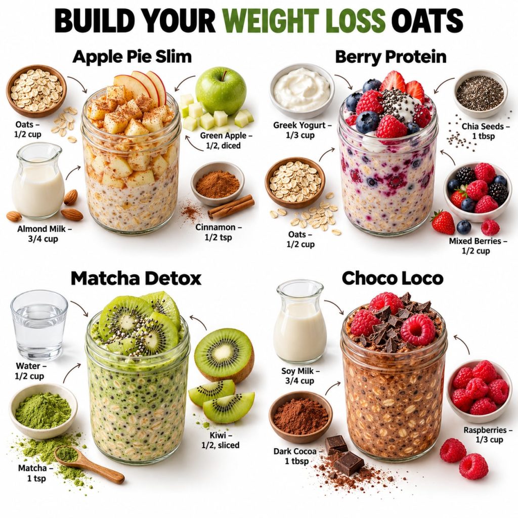 Four distinct overnight oats recipes in glass jars surrounded by their ingredients as depicted in the infographic Labels