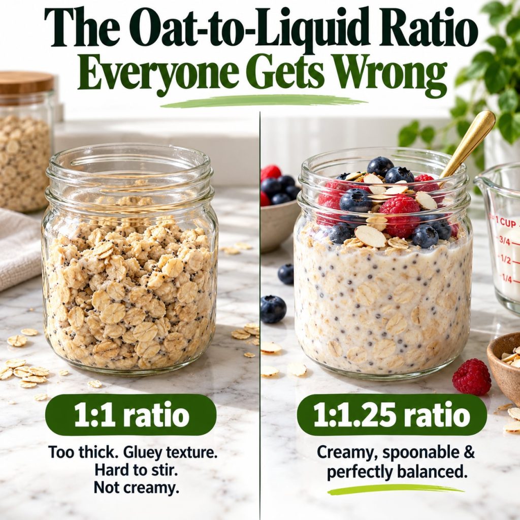 A visual comparison of two jars of overnight oats one showing a thick gluey 1 1 oat-to-liquid ratio and the other a crea