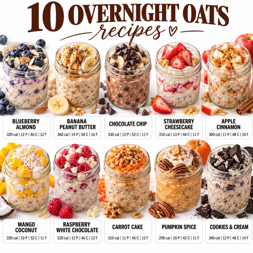 A grid of 10 distinct overnight oats recipes in clear glass jars each garnished with its key ingredients like fresh frui