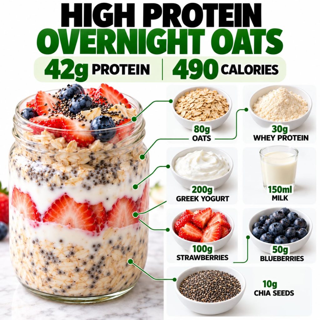 A clear glass jar filled with layered high-protein overnight oats topped with fresh strawberries blueberries and chia se