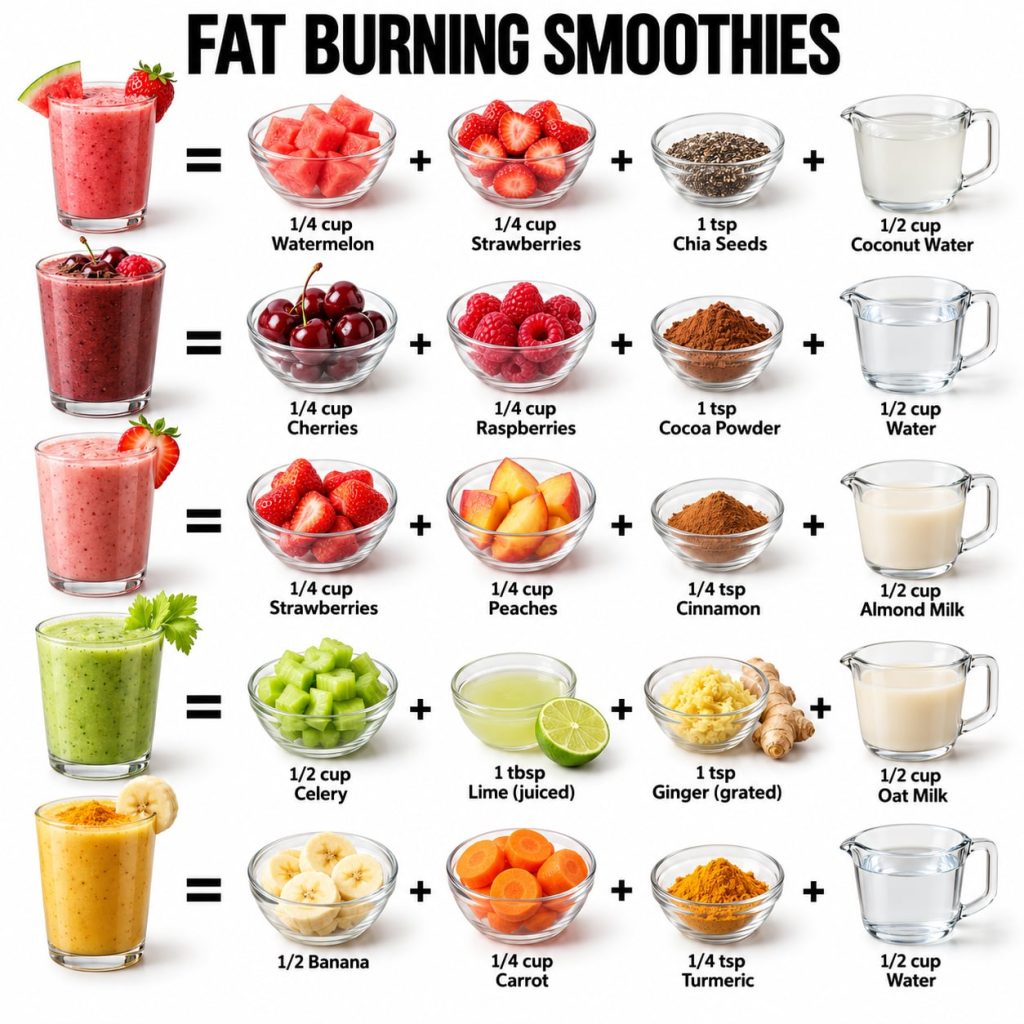 An infographic showing five different Fat Burning Smoothies recipes each with a finished smoothie and its four key ingre