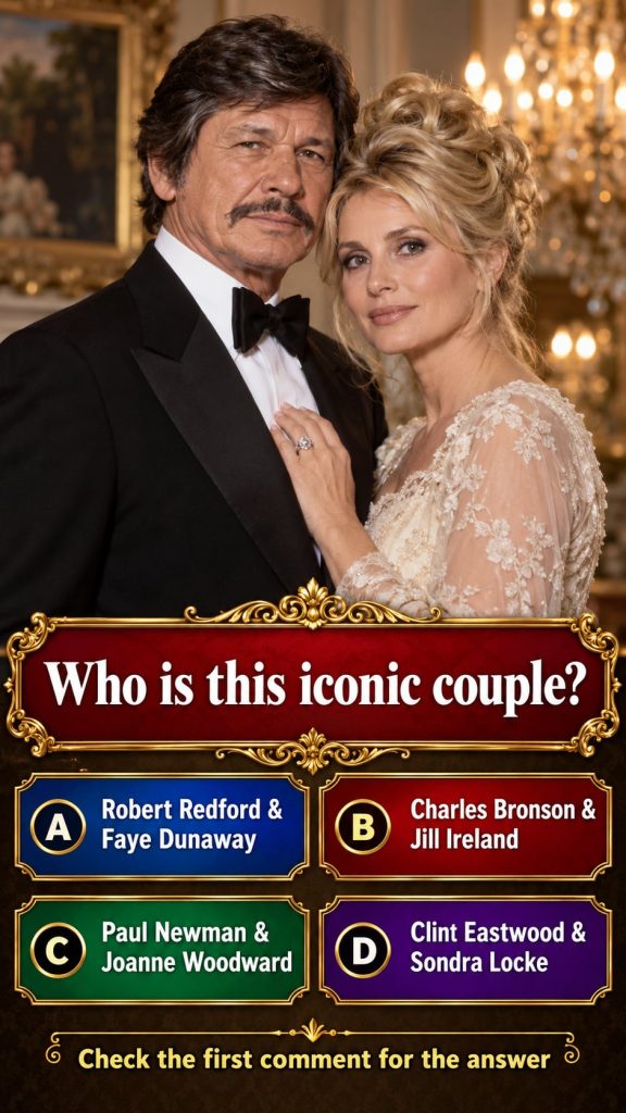 A quiz card showing Charles Bronson and Jill Ireland in a formal classic portrait style with a quiz question overlay and