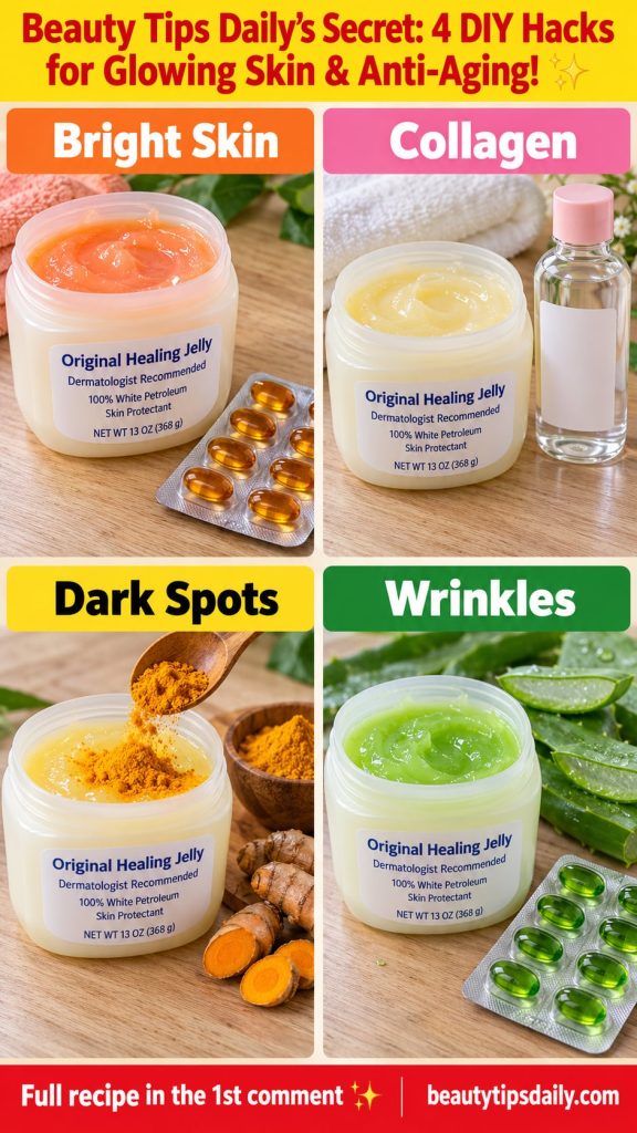 A grid of four distinct panels each showing a DIY beauty hack using petroleum jelly alongside natural ingredients Panels