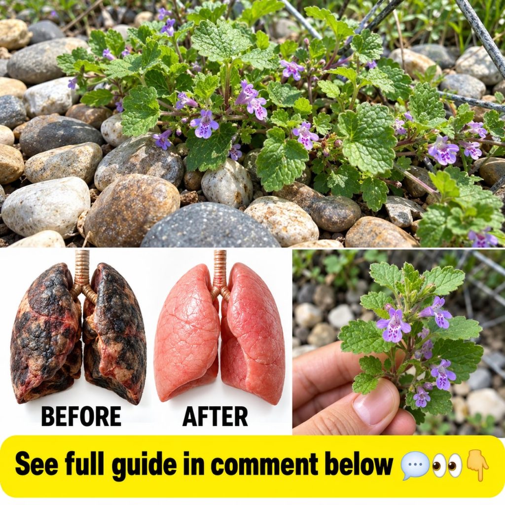 A multi-panel collage featuring a close-up of Ground Ivy plants with small purple flowers side-by-side human lung models