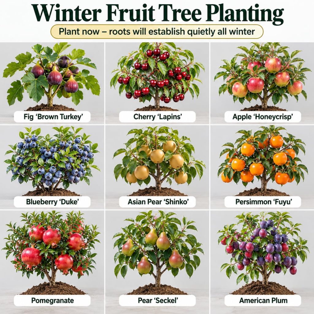 Nine different fruit trees Fig Cherry Apple Blueberry Asian Pear Persimmon Pomegranate Pear American Plum laden with fru