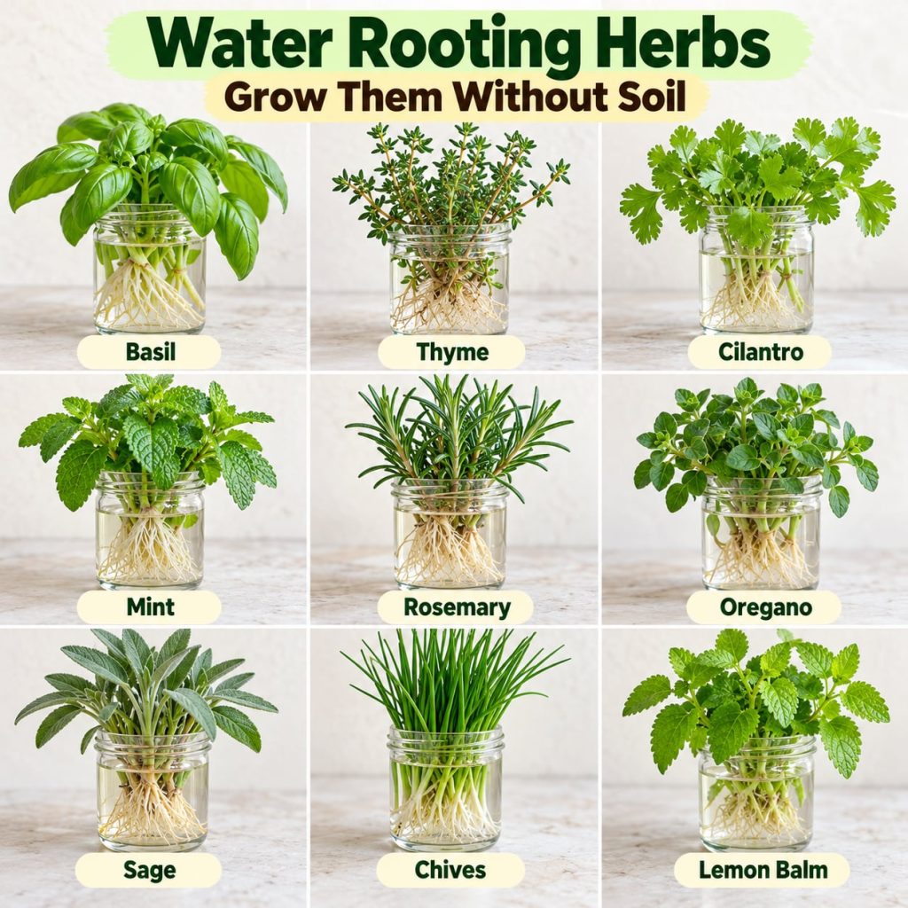 A clear 3x3 grid collage showing nine different herbs successfully water-rooted in individual clear glass jars Each squa