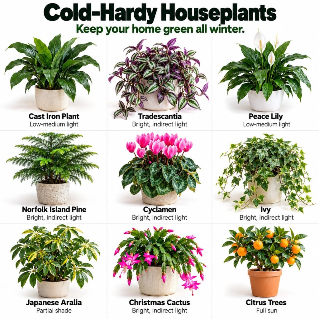 A collection of nine different potted houseplants arranged in a 3x3 grid each with a label for its common name and light