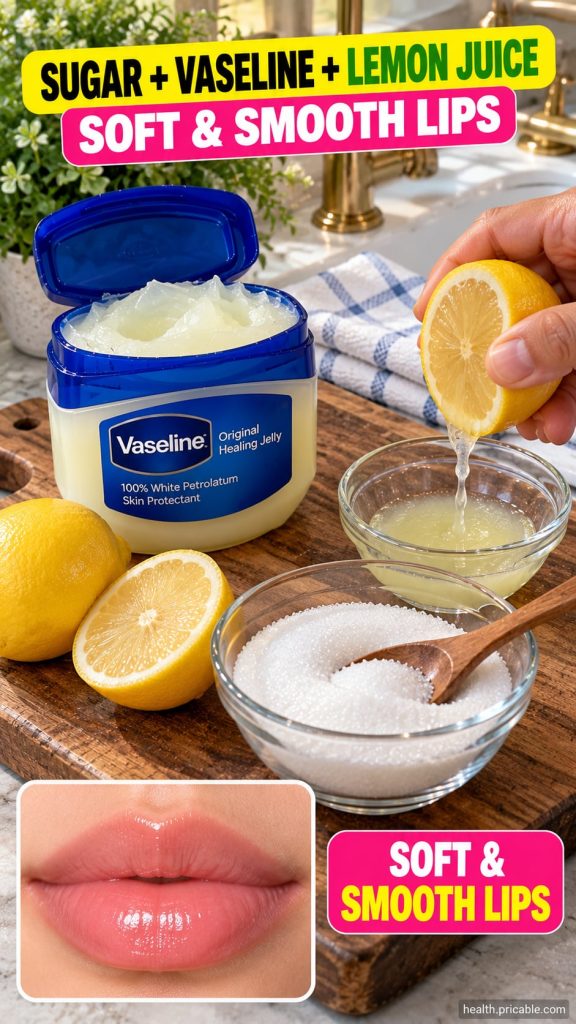A flat lay of ingredients for a lip scrub an open tub of Vaseline fresh lemons a bowl of granulated sugar with a wooden 