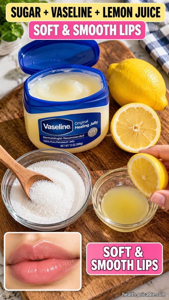 Flat lay of Vaseline jar whole and halved lemons a bowl of sugar and a bowl of lemon juice on a wooden board with a hand