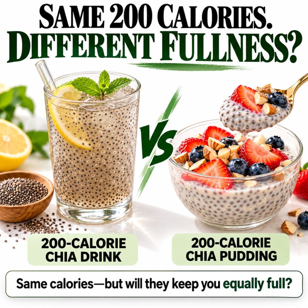 A side-by-side comparison of a 200-calorie chia drink and a 200-calorie chia pudding The drink is a tall glass with lemo