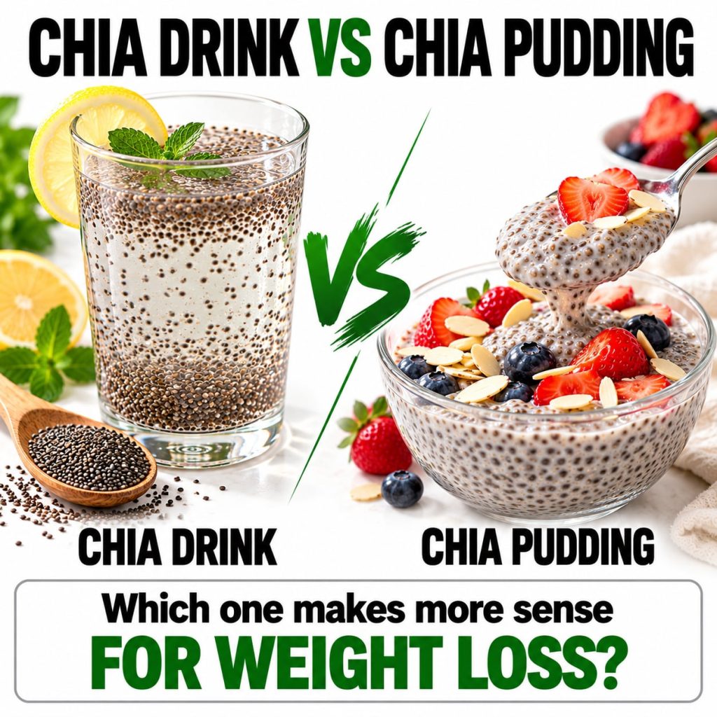 A split image comparing a clear glass of chia seed drink with lemon and mint on one side and a bowl of chia seed pudding