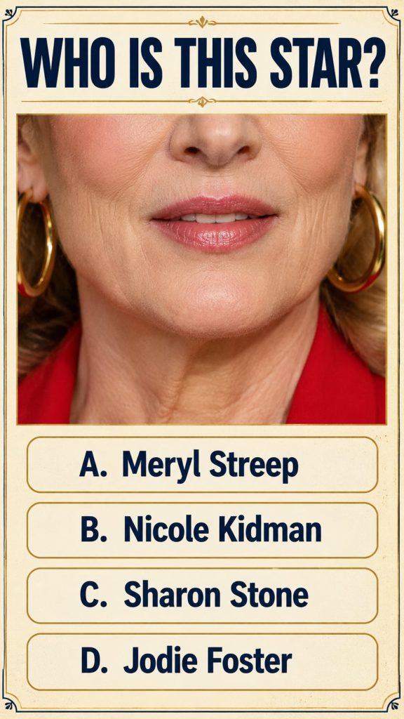 Quiz image showing a close-up of Sharon Stone s lower face with prominent gold hoop earrings and a red garment