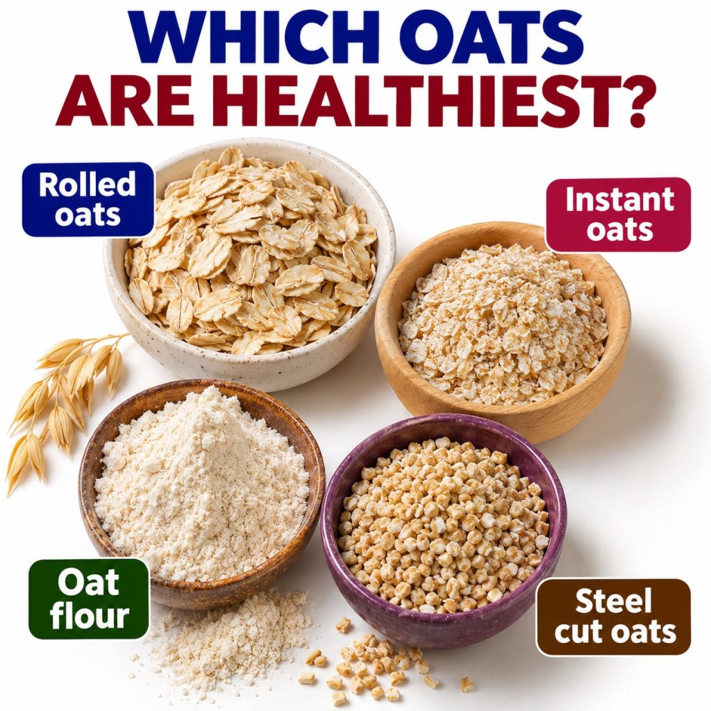 Four bowls of different oat types rolled instant oat flour and steel-cut oats with the question WHICH OATS ARE HEALTHIES