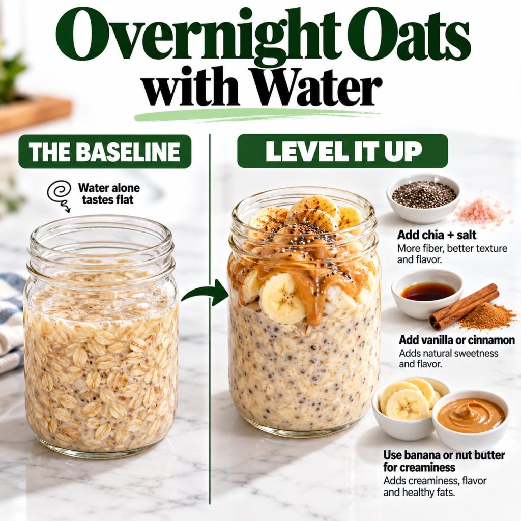 An infographic titled Overnight Oats with Water showing a comparison between a plain jar of oats with water on the left 