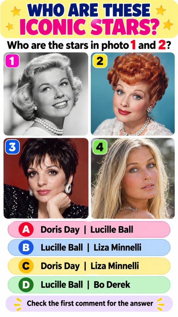 A quiz image showing four classic Hollywood actresses portraits in a 2x2 grid with the question WHO ARE THESE ICONIC STA