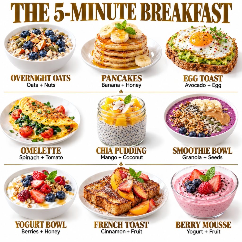 A vibrant grid of nine different 5-minute breakfast dishes each individually plated and labeled set against a clean whit