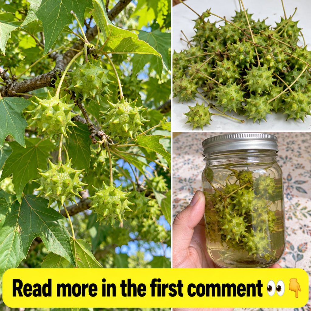 A three-panel collage showing sweetgum balls on a tree collected in a pile and submerged in a mason jar with liquid