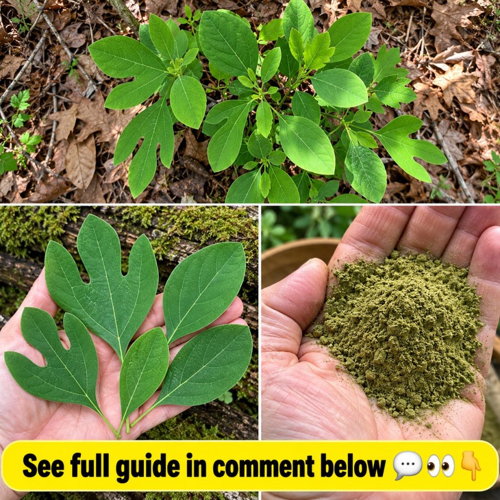 A multi-panel image showing a sassafras plant in its natural forest habitat a hand holding freshly picked sassafras leav