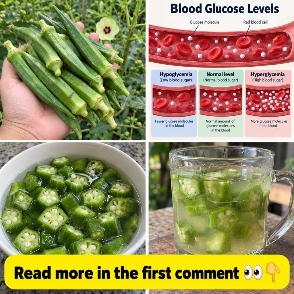 A clear glass mug containing chopped okra pieces steeped in water with fresh okra pods and an infographic on blood gluco