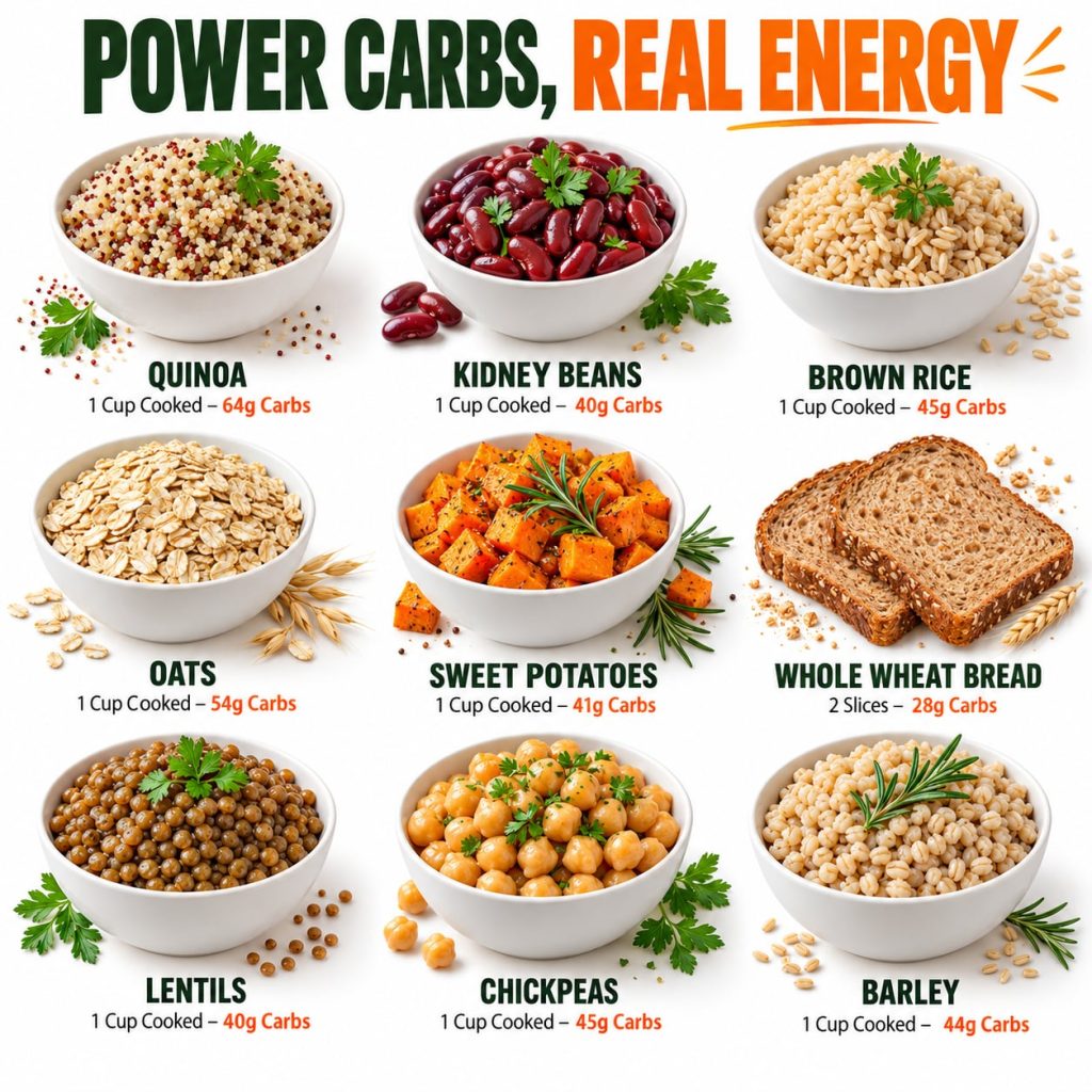 An infographic titled POWER CARBS REAL ENERGY displaying nine white bowls of different carbohydrate-rich foods like quin