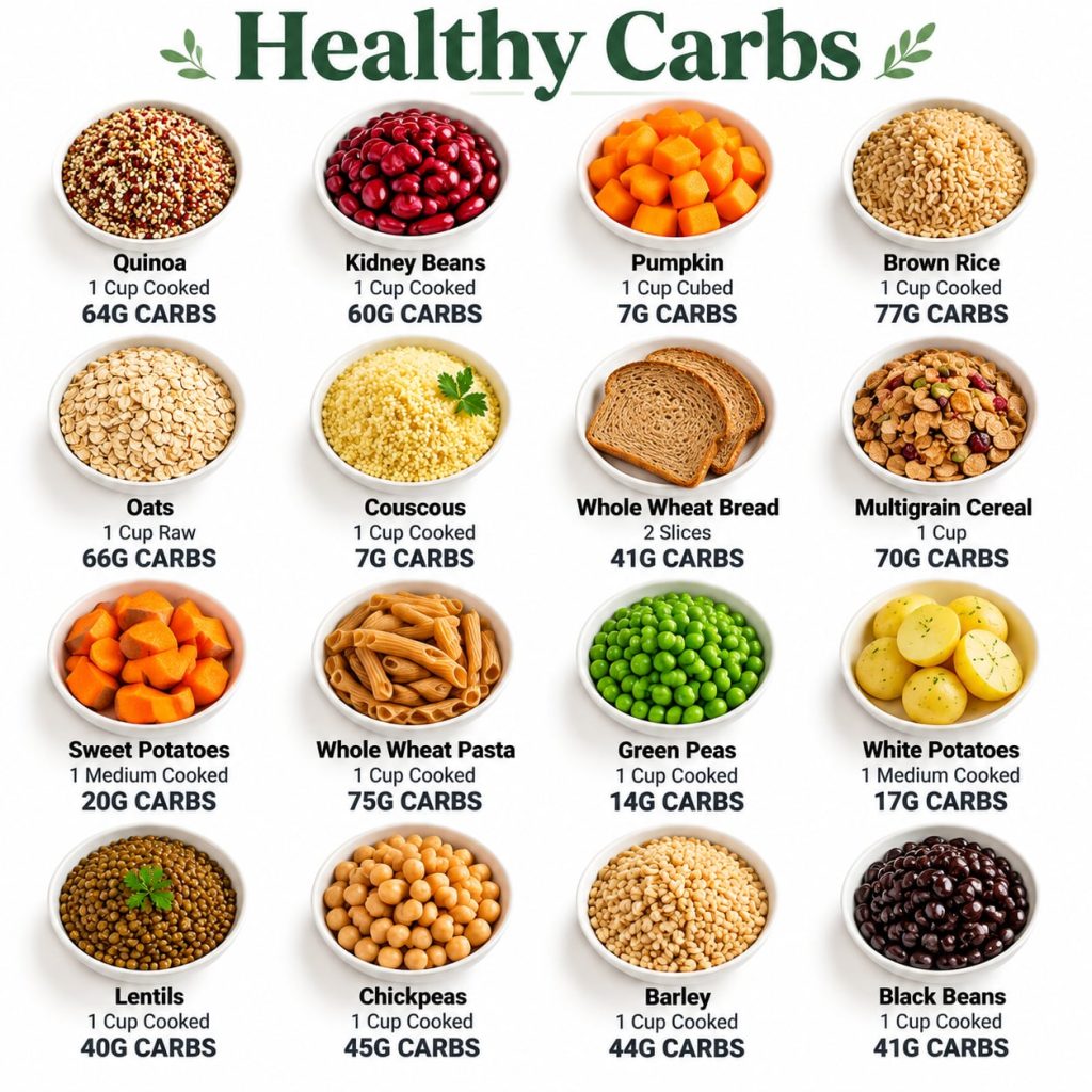 An infographic titled Healthy Carbs displaying 16 different healthy carbohydrate sources in white bowls each with its na