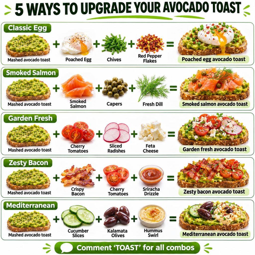 An infographic titled 5 Ways to Upgrade Your Avocado Toast showing five different avocado toast recipes with ingredients