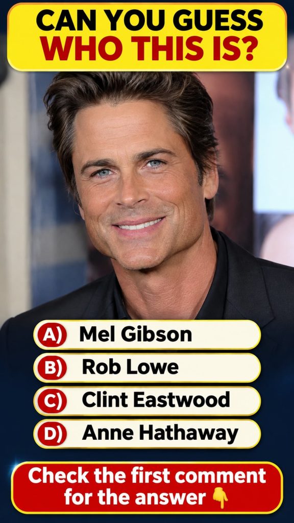 A social media quiz card featuring a 2x2 grid of celebrity headshots Mel Gibson top left Rob Lowe top right Clint Eastwo