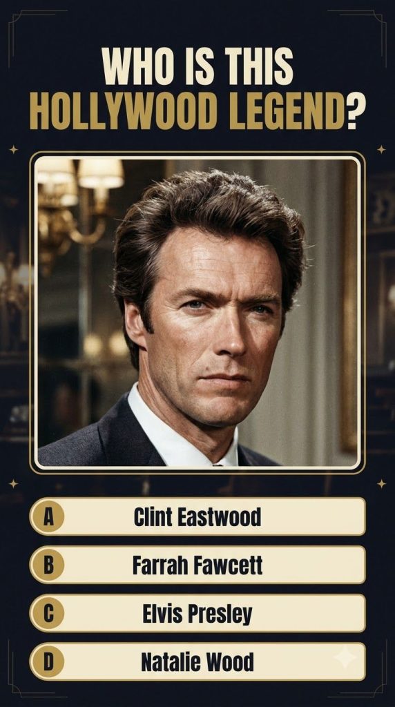 A multi-celebrity quiz layout showing a 2x2 grid of four distinct headshots The top-left portrait is a young Clint Eastw